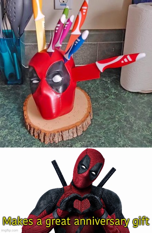 Deadpool Knife Block | Makes a great anniversary gift | image tagged in funny memes,marvel,deadpool,knife block | made w/ Imgflip meme maker