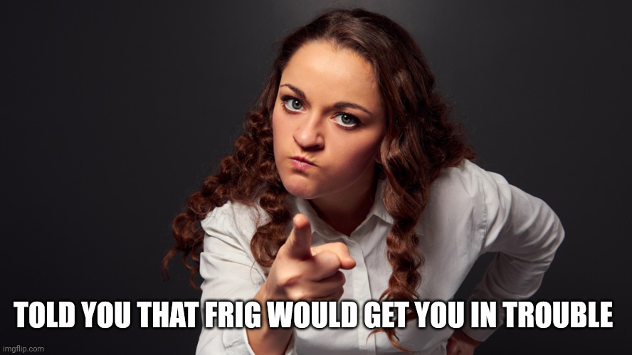 Angry Woman Pointing Finger | TOLD YOU THAT FRIG WOULD GET YOU IN TROUBLE | image tagged in angry woman pointing finger | made w/ Imgflip meme maker