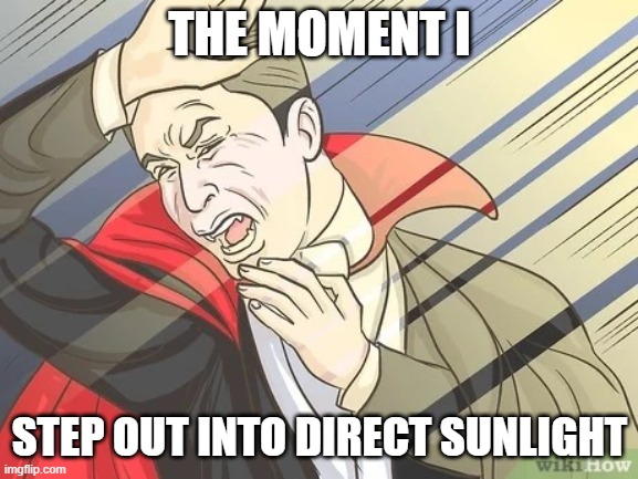 I Hate Sunlight | THE MOMENT I; STEP OUT INTO DIRECT SUNLIGHT | image tagged in vampire hissing,sun,i hate sunlight | made w/ Imgflip meme maker