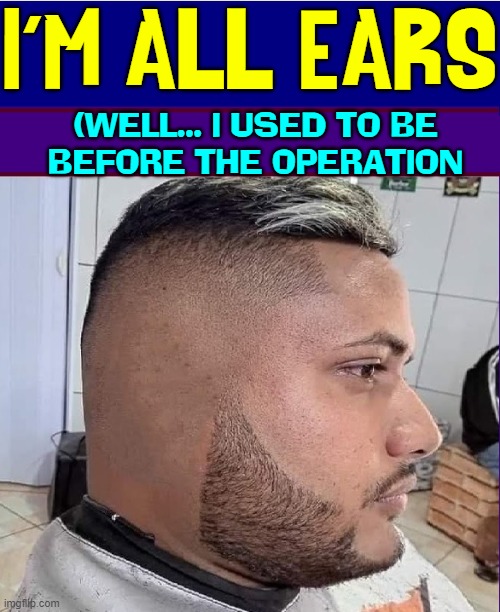 Close Shave!  Heck, I'd avoid this barber at all costs! | I'M ALL EARS; (WELL... I USED TO BE
BEFORE THE OPERATION | image tagged in vince vance,i'm all ears,memes,barber,no,ears | made w/ Imgflip meme maker