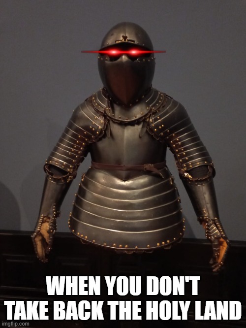 triggered knight | WHEN YOU DON'T TAKE BACK THE HOLY LAND | image tagged in cool knight | made w/ Imgflip meme maker