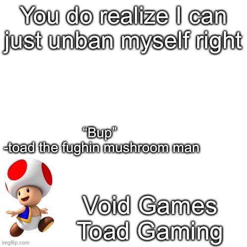 Declan’s toad temp | You do realize I can just unban myself right | image tagged in declan s toad temp | made w/ Imgflip meme maker