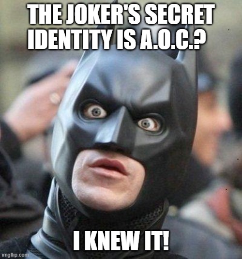 Now it all makes sense. | THE JOKER'S SECRET IDENTITY IS A.O.C.? I KNEW IT! | image tagged in shocked batman | made w/ Imgflip meme maker