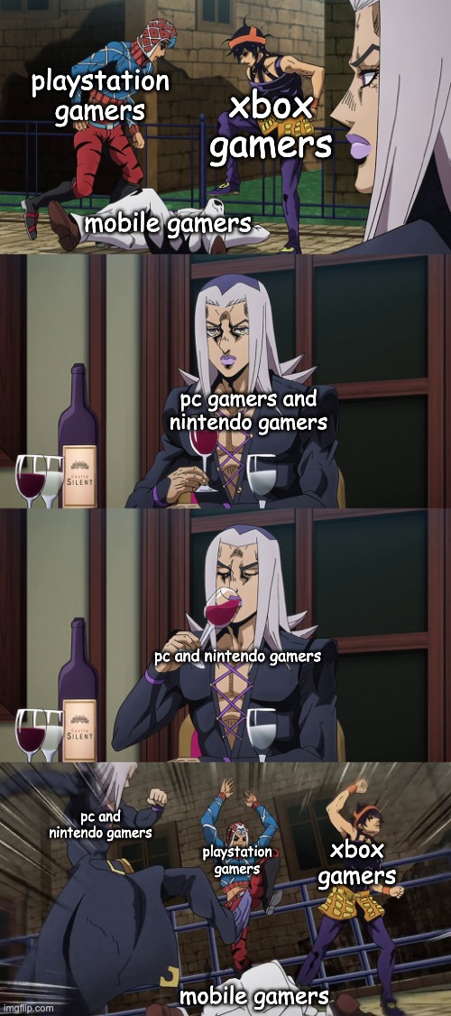 Abbacchio joins in the fun | playstation gamers; xbox gamers; mobile gamers; pc gamers and nintendo gamers; pc and nintendo gamers; pc and nintendo gamers; xbox gamers; playstation gamers; mobile gamers | image tagged in abbacchio joins in the fun,jojo,gamers,video games,mobile games | made w/ Imgflip meme maker