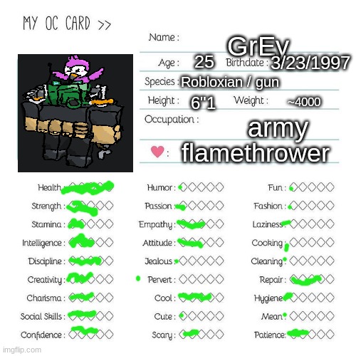 Oc card template | GrEy; 25; 3/23/1997; Robloxian / gun; 6"1; ~4000; army; flamethrower | image tagged in oc card template,rp | made w/ Imgflip meme maker