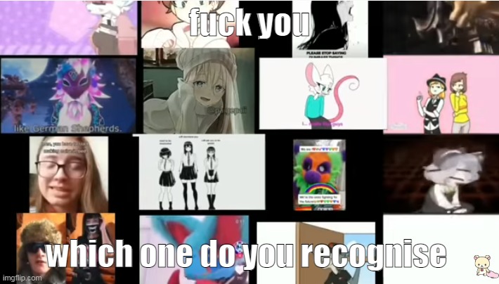 the reggie and big boys one, the zoophile, the wants to be dominated and sashley's fantasize meme. | fuck you; which one do you recognise | made w/ Imgflip meme maker