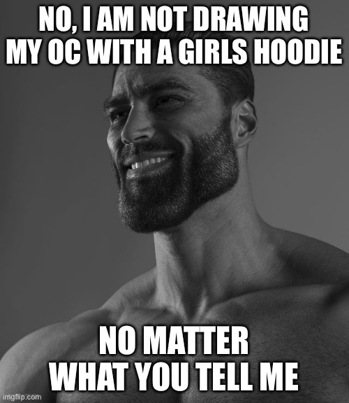 Giga Chad | NO, I AM NOT DRAWING MY OC WITH A GIRLS HOODIE; NO MATTER WHAT YOU TELL ME | image tagged in giga chad | made w/ Imgflip meme maker