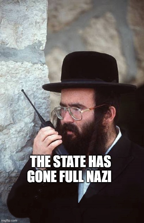 Jew with shut it down walkie talkie | THE STATE HAS GONE FULL NAZI | image tagged in jew with shut it down walkie talkie | made w/ Imgflip meme maker