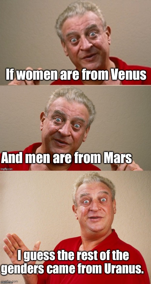 If women are from Venus; And men are from Mars; I guess the rest of the genders came from Uranus. | image tagged in bad pun rodney dangerfield,rodney dangerfield,politics lol,memes | made w/ Imgflip meme maker
