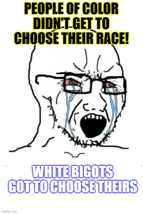 And they got to pick white supremacy and white entitlement and all kind of white perks! | PEOPLE OF COLOR DIDN'T GET TO CHOOSE THEIR RACE! WHITE BIGOTS GOT TO CHOOSE THEIRS | image tagged in nooo soyboy | made w/ Imgflip meme maker