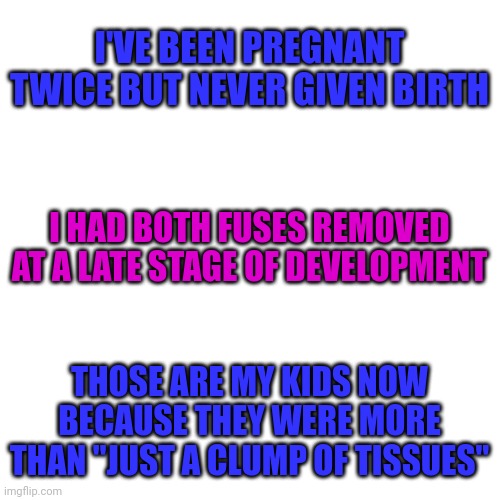 Blank Transparent Square | I'VE BEEN PREGNANT TWICE BUT NEVER GIVEN BIRTH; I HAD BOTH FUSES REMOVED AT A LATE STAGE OF DEVELOPMENT; THOSE ARE MY KIDS NOW BECAUSE THEY WERE MORE THAN "JUST A CLUMP OF TISSUES" | image tagged in memes,blank transparent square | made w/ Imgflip meme maker