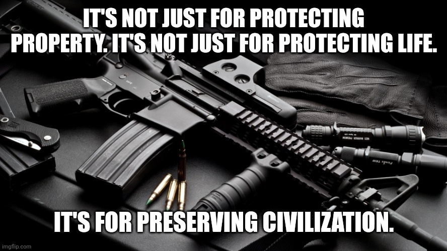 ar15 |  IT'S NOT JUST FOR PROTECTING PROPERTY. IT'S NOT JUST FOR PROTECTING LIFE. IT'S FOR PRESERVING CIVILIZATION. | image tagged in ar15 | made w/ Imgflip meme maker