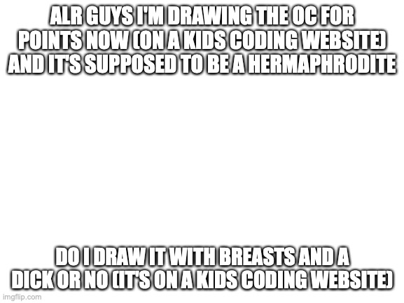 I'm not gonna let anyone see it, but still | ALR GUYS I'M DRAWING THE OC FOR POINTS NOW (ON A KIDS CODING WEBSITE) AND IT'S SUPPOSED TO BE A HERMAPHRODITE; DO I DRAW IT WITH BREASTS AND A DICK OR NO (IT'S ON A KIDS CODING WEBSITE) | image tagged in blank white template | made w/ Imgflip meme maker