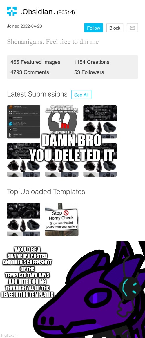 Damn bro. | DAMN BRO YOU DELETED IT; WOULD BE A SHAME IF I POSTED ANOTHER SCREENSHOT OF THE TEMPLATE TWO DAYS AGO AFTER GOING THROUGH ALL OF THE EEVEELUTION TEMPLATES | made w/ Imgflip meme maker