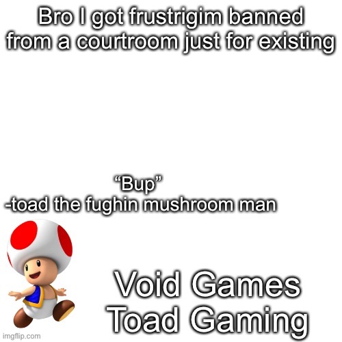 Declan’s toad temp | Bro I got frustrigim banned from a courtroom just for existing | image tagged in declan s toad temp | made w/ Imgflip meme maker