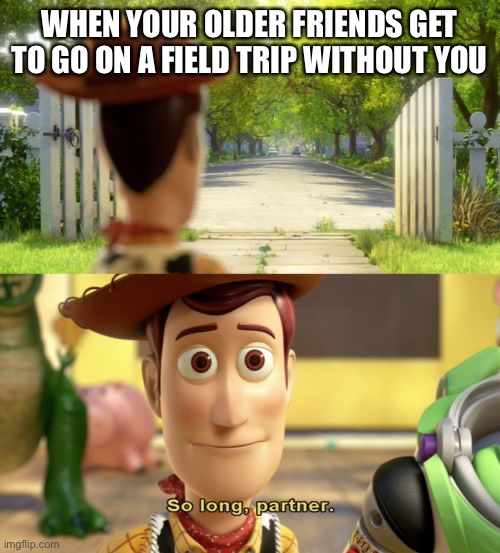 h | WHEN YOUR OLDER FRIENDS GET TO GO ON A FIELD TRIP WITHOUT YOU | image tagged in so long partner | made w/ Imgflip meme maker
