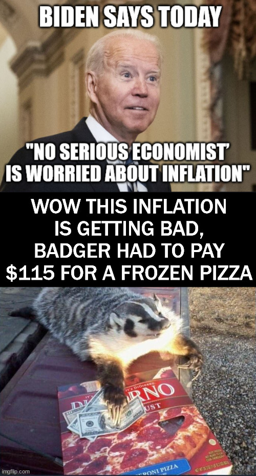 WOW THIS INFLATION IS GETTING BAD, BADGER HAD TO PAY $115 FOR A FROZEN PIZZA | image tagged in political meme | made w/ Imgflip meme maker