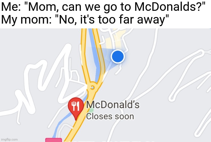 Takes 1 minute to go to McDonalds right? lol |  Me: "Mom, can we go to McDonalds?"
My mom: "No, it's too far away" | image tagged in memes,mcdonalds,parents,moms,relatable memes,relatable | made w/ Imgflip meme maker