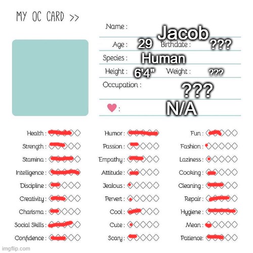 Oc card template | Jacob; 29; ??? Human; 6'4"; ??? ??? N/A | image tagged in oc card template | made w/ Imgflip meme maker