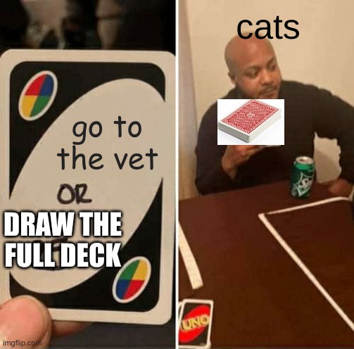 cat | cats; go to the vet; DRAW THE FULL DECK | image tagged in memes,uno draw 25 cards | made w/ Imgflip meme maker