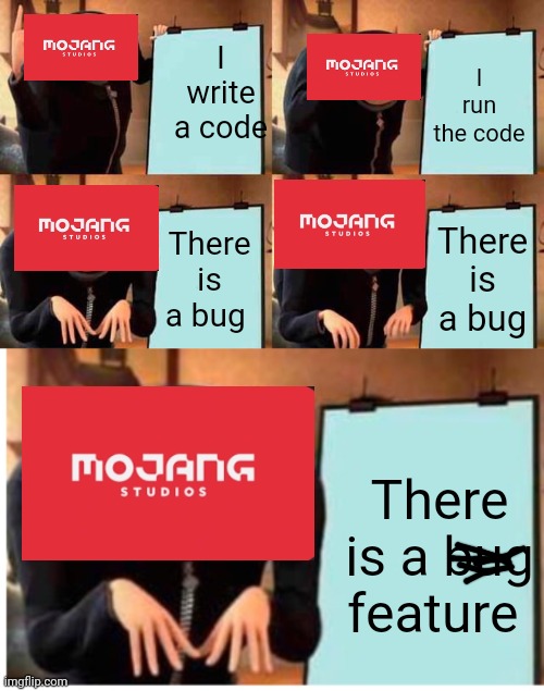 I write a code; I run the code; There is a bug; There is a bug; There is a bug feature | image tagged in memes,gru's plan | made w/ Imgflip meme maker