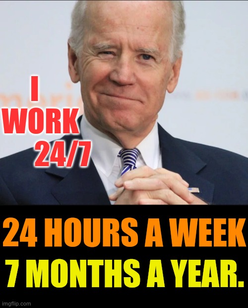 Joe Biden Wink | I      WORK         24/7; 24 HOURS A WEEK; 7 MONTHS A YEAR. | image tagged in joe biden wink,hard work,not really,memes,joe biden,politics | made w/ Imgflip meme maker
