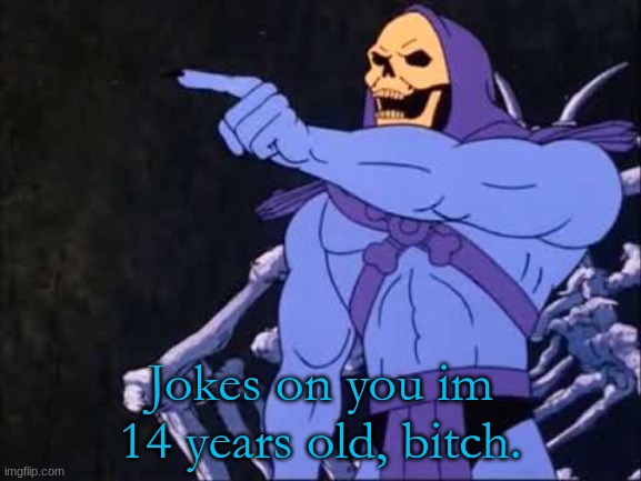 Skeletor | Jokes on you im 14 years old, bitch. | image tagged in skeletor | made w/ Imgflip meme maker