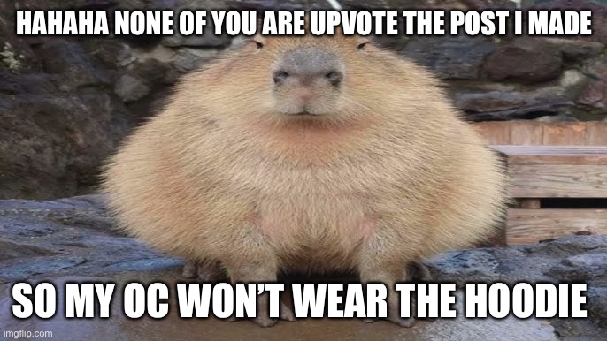 Hahaha | HAHAHA NONE OF YOU ARE UPVOTE THE POST I MADE; SO MY OC WON’T WEAR THE HOODIE | made w/ Imgflip meme maker