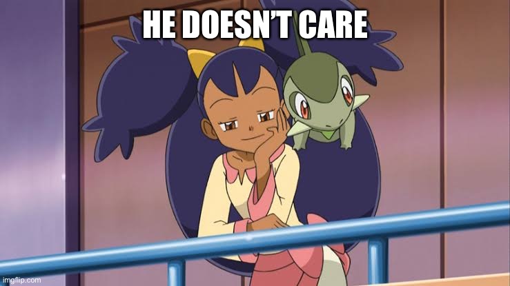 Iris Pokemon | HE DOESN’T CARE | image tagged in iris pokemon | made w/ Imgflip meme maker