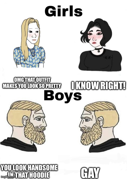 Girls vs Boys | OMG THAT OUTFIT MAKES YOU LOOK SO PRETTY; I KNOW RIGHT! GAY; YOU LOOK HANDSOME IN THAT HOODIE | image tagged in girls vs boys | made w/ Imgflip meme maker