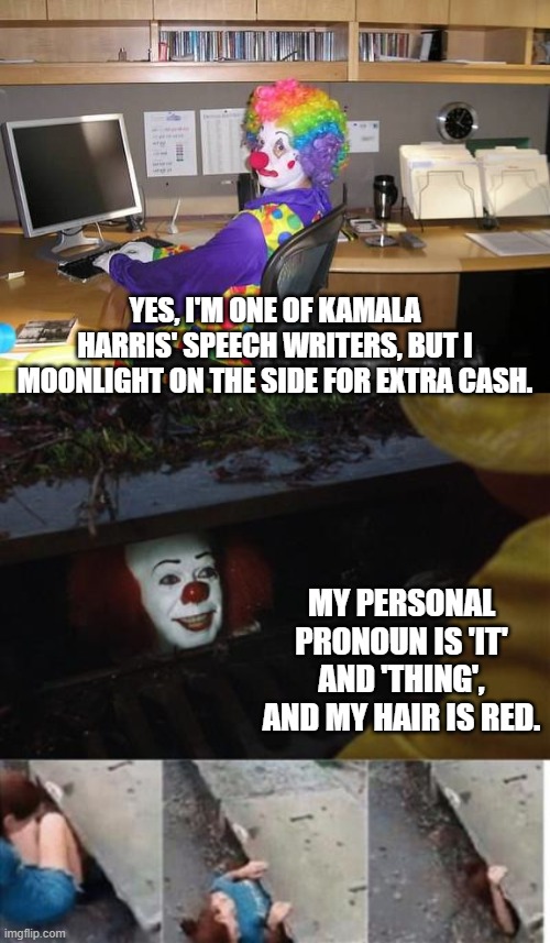 In a recession, a writing job is a writing job. | YES, I'M ONE OF KAMALA HARRIS' SPEECH WRITERS, BUT I MOONLIGHT ON THE SIDE FOR EXTRA CASH. MY PERSONAL PRONOUN IS 'IT' AND 'THING', AND MY HAIR IS RED. | image tagged in clown computer | made w/ Imgflip meme maker