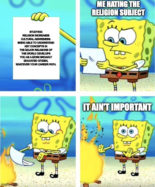 Religion is a HORRIBLE and UNIMPORTANT subject | ME HATING THE RELIGION SUBJECT; STUDYING RELIGION INCREASES CULTURAL AWARENESS.
BEING ABLE TO UNDERSTAND KEY CONCEPTS IN THE MAJOR RELIGIONS OF THE WORLD DEVELOPS YOU AS A MORE BROADLY EDUCATED CITIZEN, WHATEVER YOUR CAREER PATH. IT AIN'T IMPORTANT | image tagged in spongebob burning paper,religion,school | made w/ Imgflip meme maker