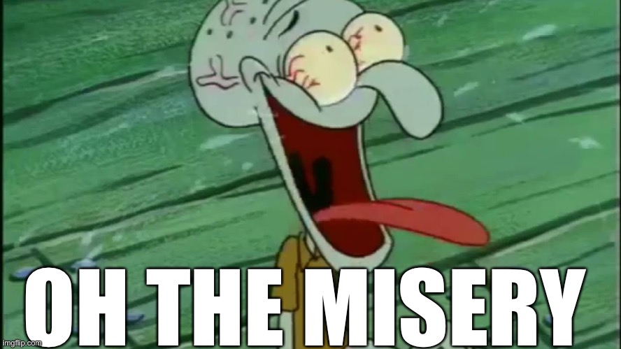 LAUGHING SQUIDWARD | OH THE MISERY | image tagged in laughing squidward | made w/ Imgflip meme maker