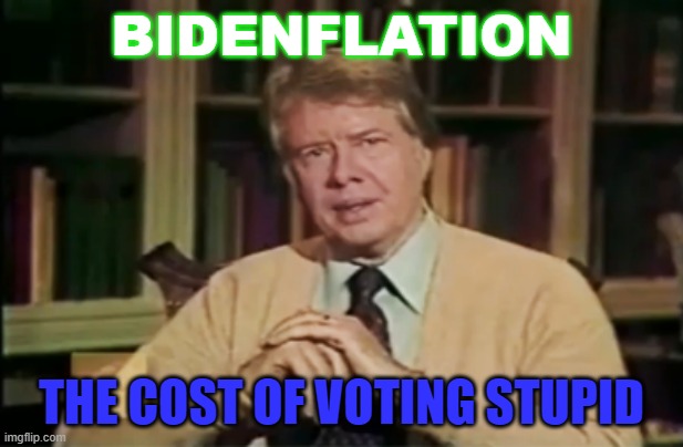 Bidenflation; The Cost of Voting Stupid | BIDENFLATION; THE COST OF VOTING STUPID | image tagged in carter sweater | made w/ Imgflip meme maker
