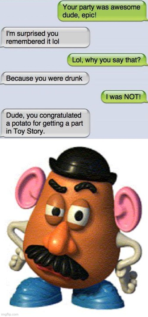 Toy Story | image tagged in mr potato head,toy story,drunk,memes,text messages,text message | made w/ Imgflip meme maker
