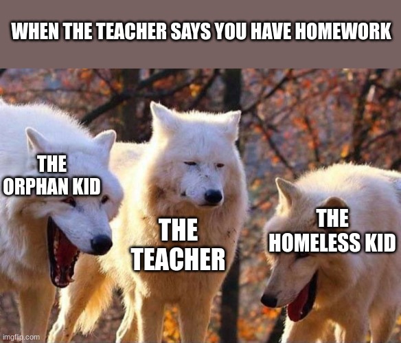when the teacher says you have homework |  WHEN THE TEACHER SAYS YOU HAVE HOMEWORK; THE ORPHAN KID; THE HOMELESS KID; THE TEACHER | image tagged in laughing wolf,memes,funny,homework,haha,school | made w/ Imgflip meme maker