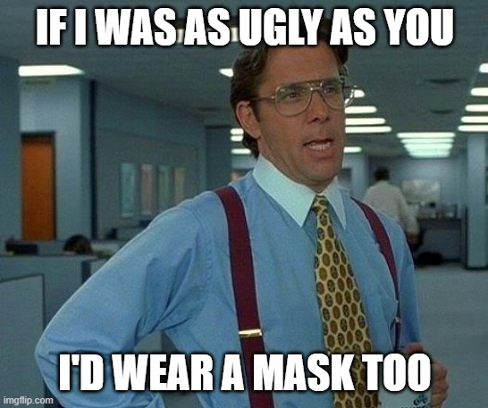 Ugly |  IF I WAS AS UGLY AS YOU; I'D WEAR A MASK TOO | image tagged in memes,that would be great | made w/ Imgflip meme maker