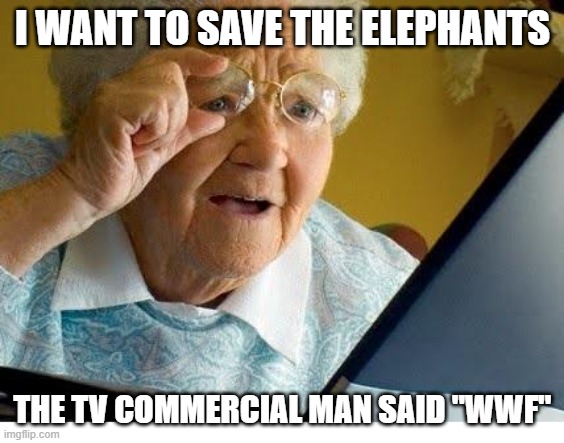 wwf | I WANT TO SAVE THE ELEPHANTS; THE TV COMMERCIAL MAN SAID "WWF" | image tagged in old lady at computer | made w/ Imgflip meme maker