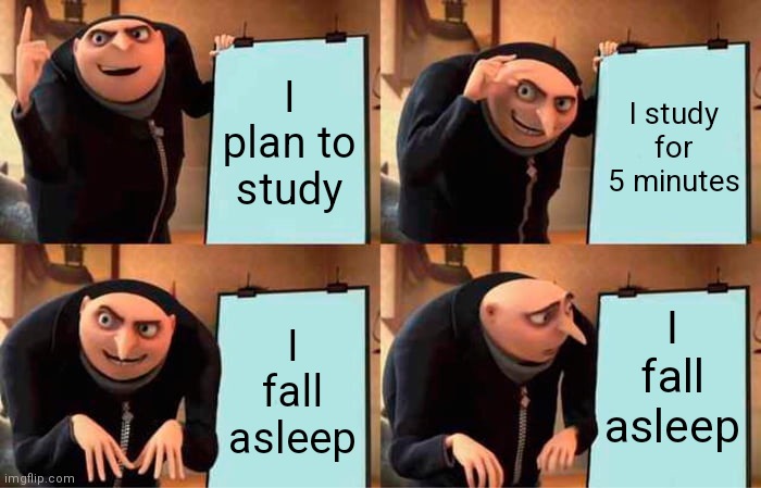 Gru's Plan Meme | I plan to study; I study for 5 minutes; I fall asleep; I fall asleep | image tagged in memes,gru's plan | made w/ Imgflip meme maker