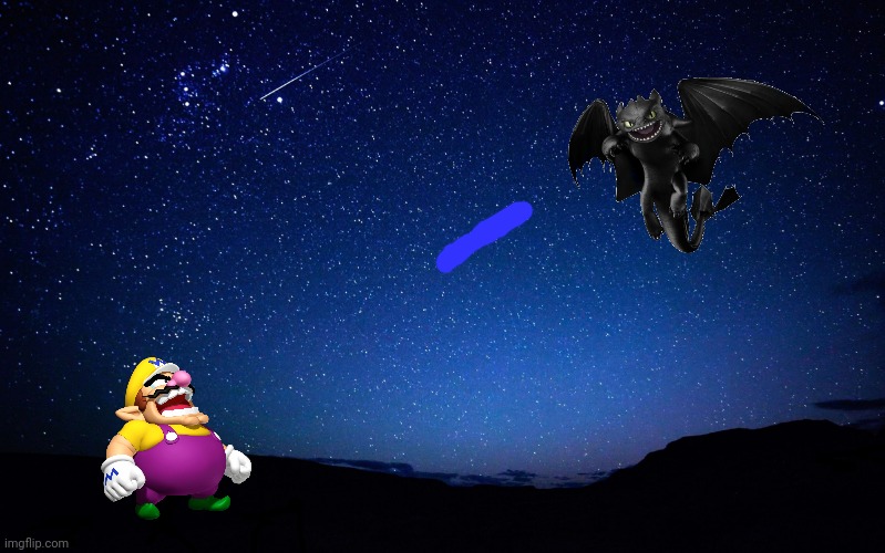 Decide to put a Wario dies meme in, cuz why not | image tagged in wario dies,wario,night fury,how to train your dragon,httyd,dragon | made w/ Imgflip meme maker