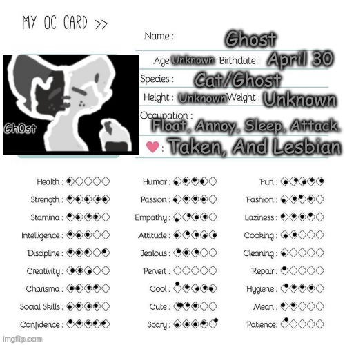 Ghost is done, Comment who i should do next. | Ghost; April 30; Unknown; Cat/Ghost; Unknown; Unknown; Float, Annoy, Sleep, Attack. Taken, And Lesbian | made w/ Imgflip meme maker