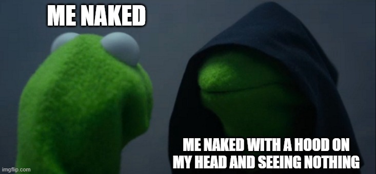 Evil Kermit |  ME NAKED; ME NAKED WITH A HOOD ON MY HEAD AND SEEING NOTHING | image tagged in memes,evil kermit | made w/ Imgflip meme maker