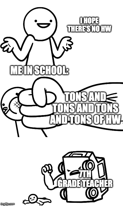 MIDDLE SCHOOL | I HOPE THERE'S NO HW; ME IN SCHOOL:; TONS AND TONS AND TONS AND TONS OF HW; 7TH GRADE TEACHER | image tagged in i sure hope i don t get hit by a car | made w/ Imgflip meme maker