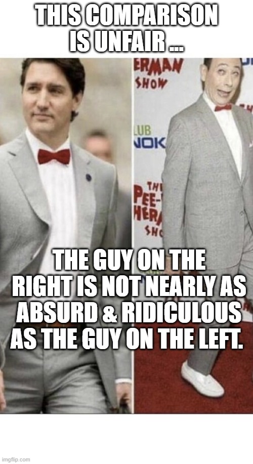 Trudeau peewee | THIS COMPARISON IS UNFAIR ... THE GUY ON THE RIGHT IS NOT NEARLY AS ABSURD & RIDICULOUS AS THE GUY ON THE LEFT. | image tagged in trudeau peewee | made w/ Imgflip meme maker