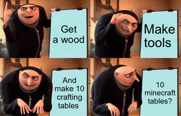 The Worst Plan | Get a wood; Make tools; And make 10 crafting tables; 10 minecraft tables? | image tagged in memes,gru's plan | made w/ Imgflip meme maker