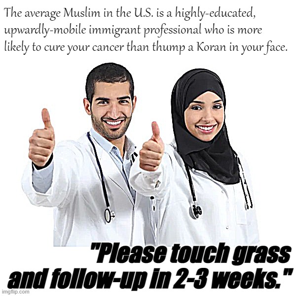 Muslim doctors | The average Muslim in the U.S. is a highly-educated, upwardly-mobile immigrant professional who is more likely to cure your cancer than thump a Koran in your face. "Please touch grass and follow-up in 2-3 weeks." | image tagged in muslim doctors | made w/ Imgflip meme maker