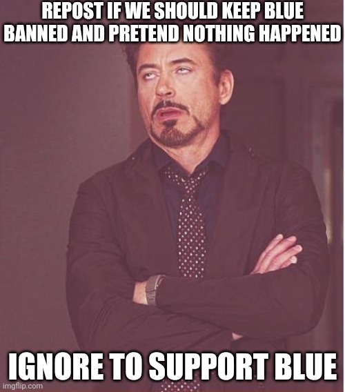 Face You Make Robert Downey Jr Meme | REPOST IF WE SHOULD KEEP BLUE BANNED AND PRETEND NOTHING HAPPENED; IGNORE TO SUPPORT BLUE | image tagged in memes,face you make robert downey jr | made w/ Imgflip meme maker