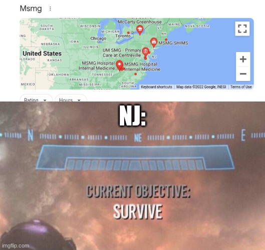 msmg  is swarming to New Jersey | NJ: | image tagged in current objective survive | made w/ Imgflip meme maker