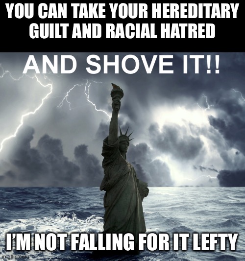 Hereditary guilt applied only to Whites is racism plain and simple | YOU CAN TAKE YOUR HEREDITARY GUILT AND RACIAL HATRED; I’M NOT FALLING FOR IT LEFTY | image tagged in looney left,left are biggest racists,equality not equity,if every race is guilty of their ancestors action | made w/ Imgflip meme maker
