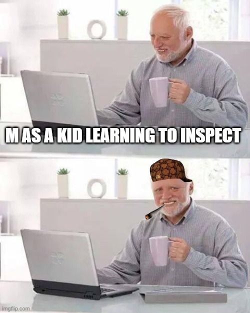 hacking be like |  M AS A KID LEARNING TO INSPECT | image tagged in memes,hide the pain harold | made w/ Imgflip meme maker